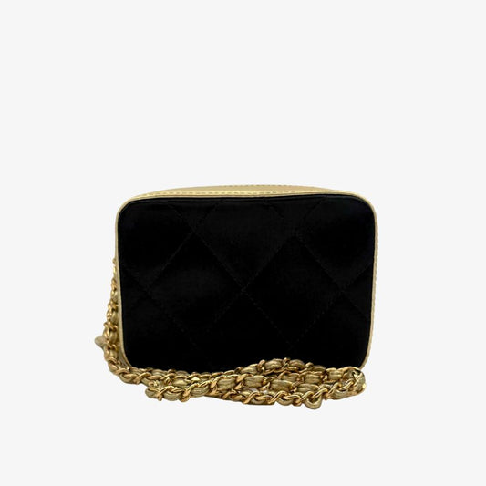 C647 - CHANEL Vintage Black/Gold Satin with Lambskin Camera Bag