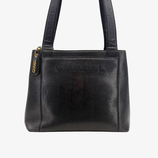 CS066 - CHANEL Vintage Black Caviar Leather Embroidered Logo Tote Bag