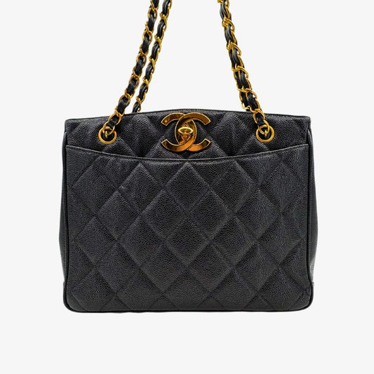 RG787 - CHANEL Vintage Black Caviar Leather Big CC Tote Bag