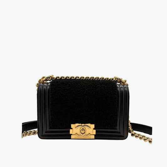 CS063 - CHANEL Boy Black Shearling Leather & Calfskin 20cm Flap Bag