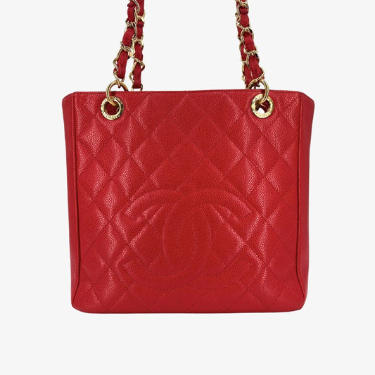 CS030 - CHANEL Vintage Red Caviar Leather Embossed Logo PST Tote Bag