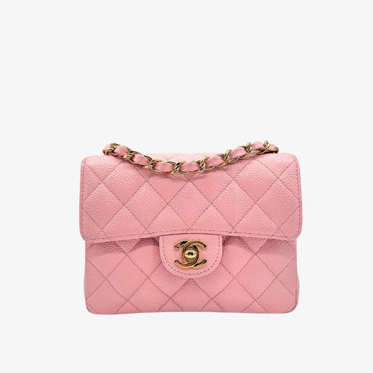 CS072 - CHANEL Vintage Pink Caviar Leather 17cm Mini Square Flap Bag