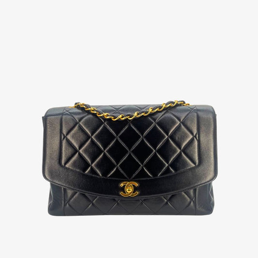 CS023 - Chanel Vintage Black Lambskin Tall Diana Flap Bag (With Back Pocket)