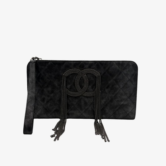 CS020 - CHANEL Black Calfskin Quilted Chain CC Wristlet Clutch