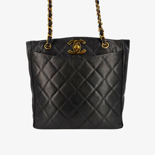CS031 - CHANEL Vintage Black Caviar Leather Big CC Turnlock Tote Bag