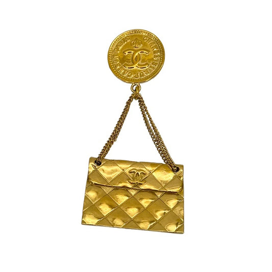 90271958 - CHANEL Vintage CC Coin and Quilted Flap Bag Gold Plated Brooch
