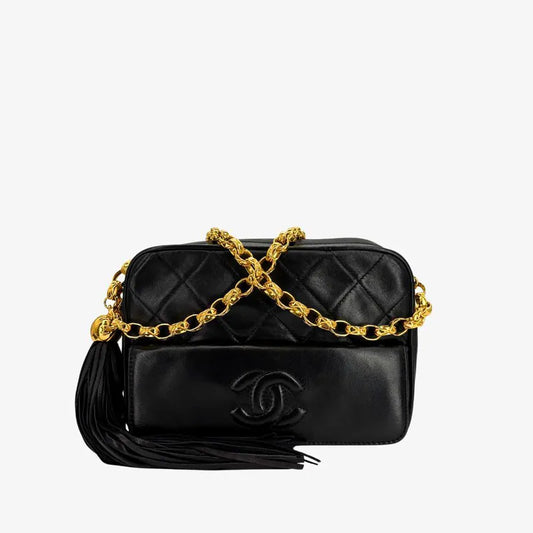 RG015 - CHANEL Vintage Black Lambskin Tassels Gold Chain Camera Bag