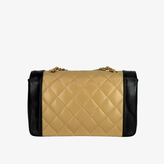 C651 - CHANEL Vintage Beige/Black Lambskin 25cm Diana Flap Bag