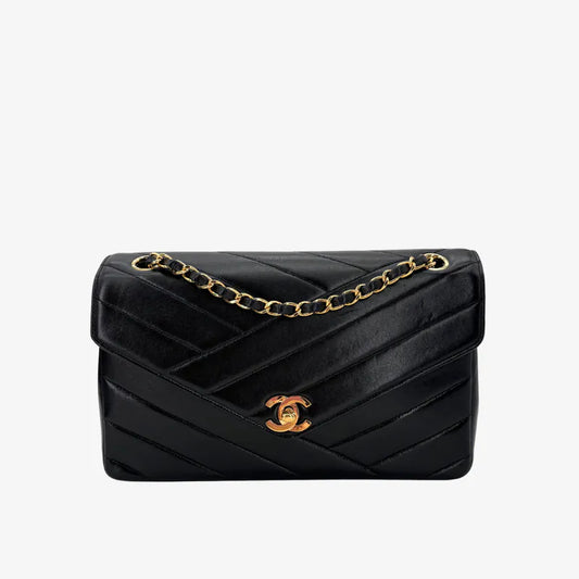 RC427 - CHANEL Vintage Black Lambskin Cross Stripe Flap Bag