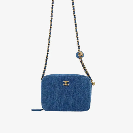 C589 - CHANEL Blue Denim Camera Bag (Gold Ball)