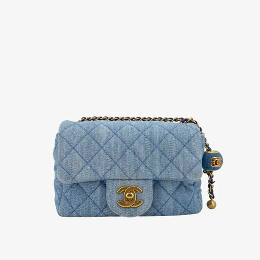 C627 - CHANEL Blue Denim 17cm Flap Bag (Gold Ball)