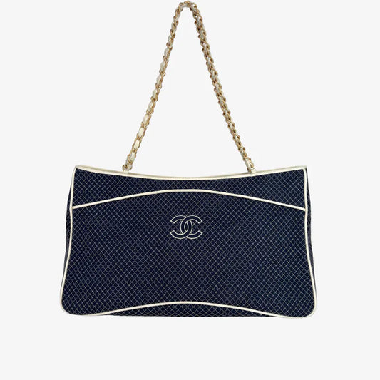C650 - CHANEL Vintage Navy Canvas Micro Matelasse Chain Tote Bag