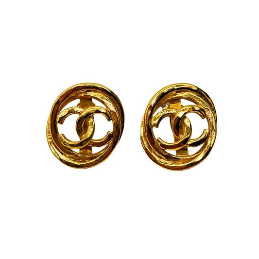 C533 - CHANEL Vintage Round Gold Plated Clip-On Earrings