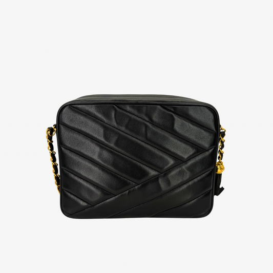 JZ989 - CHANEL Vintage Black Lambskin Cross Stripe Camera Bag