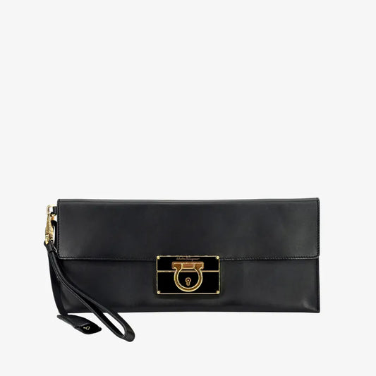 RC142 - SALVATORE FERRAGAMO Vintage Black Calf Leather Clutch Bag