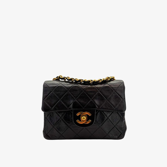 RG237 - CHANEL Vintage Black Lambskin 17cm Mini Square Flap Bag