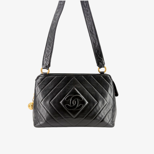 JY981 - CHANEL Vintage Black Lambskin Ball Charm Shoulder Bag