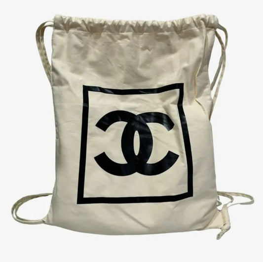 JAH185 - CHANEL Vintage Ivory Canvas Drawstring Backpack