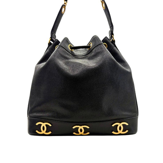 CS074 - CHANEL Vintage Black Caviar Leather Gold Ball Bucket Bag