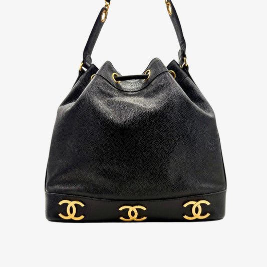CS074 - CHANEL Vintage Black Caviar Leather Gold Ball Bucket Bag