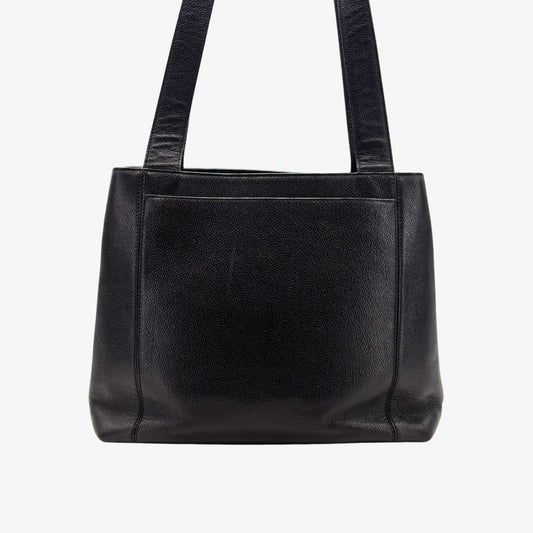 CS066 - CHANEL Vintage Black Caviar Leather Embroidered Logo Tote Bag