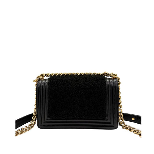CS063 - CHANEL Boy Black Shearling Leather & Calfskin 20cm Flap Bag