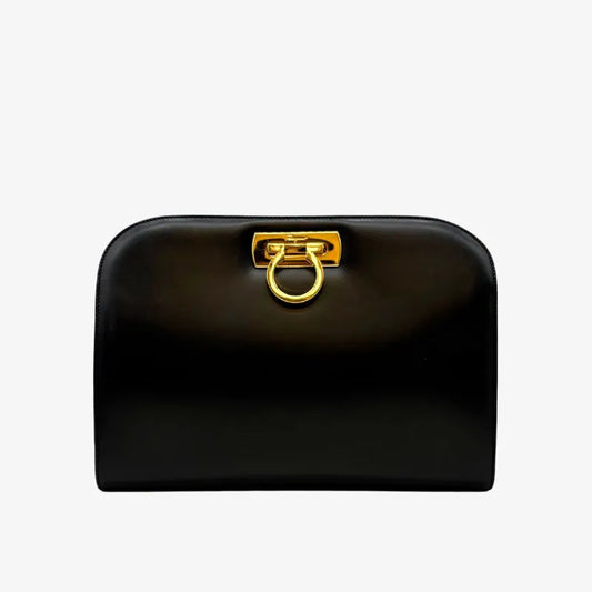 JY482 - SALVATORE FERRAGAMO Vintage Black Box Leather Shoulder Bag