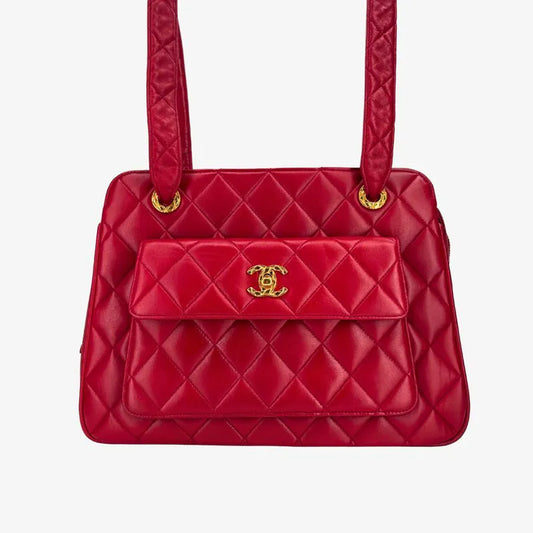 JX336 - CHANEL Vintage Red Lambskin Quilted Tote Bag