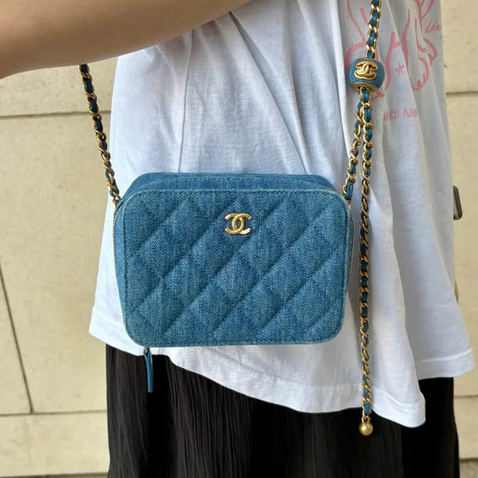 C589 - CHANEL Blue Denim Camera Bag (Gold Ball)