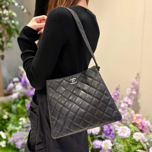 C634 - CHANEL Vintage Black Caviar Leather Double Side Shoulder Bag