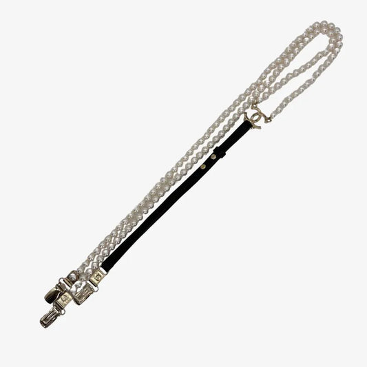 C559 - CHANEL Black Calfskin & Lmitation Pearls Suspenders