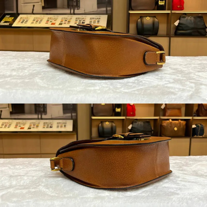 rb126-gucci-vintage-brown-leather-sherry-line-buckle-round-shoulder-bag