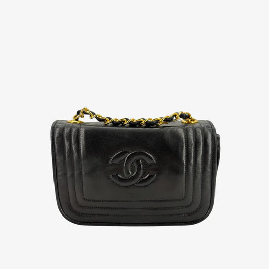 C631 - CHANEL Vintage Black Lambskin Full Flap Bag
