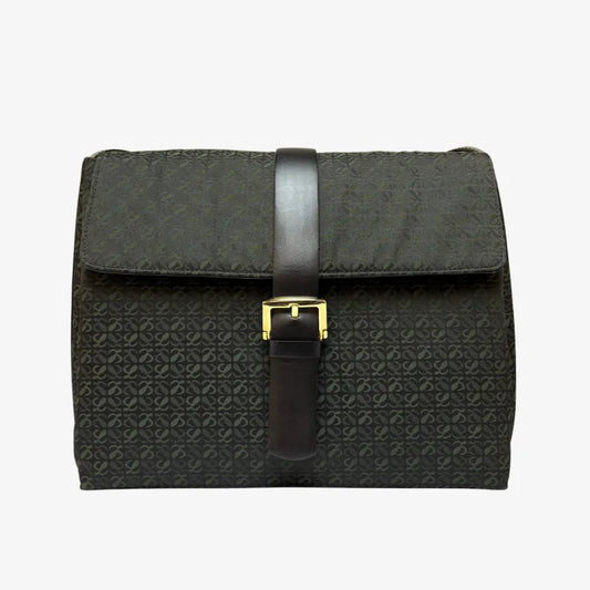 JW325 - LOEWE Vintage Black & Green Nylon And Leather Anagram Buckle Shoulder Bag