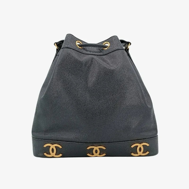 js663-chanel-vintage-black-caviar-leather-gold-ball-bucket-bag