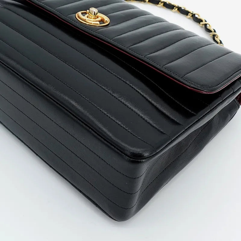 jq304-chanel-vintage-black-lambskin-horizontal-stripe-circle-turnlock-flap-bag